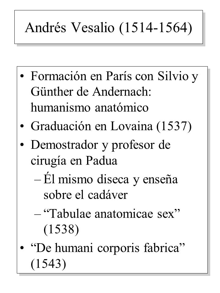Andrés Vesalio ( ) Formación en París con Silvio y Günther de Andernach: humanismo anatómico.