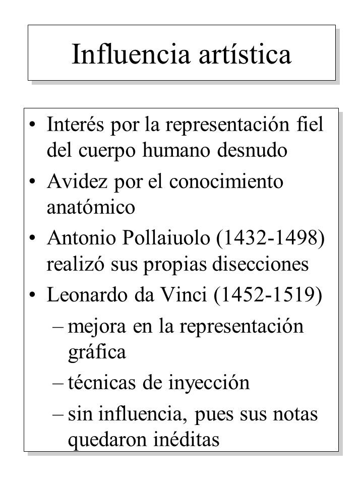 Influencia artística Interés por la representación fiel del cuerpo humano desnudo. Avidez por el conocimiento anatómico.