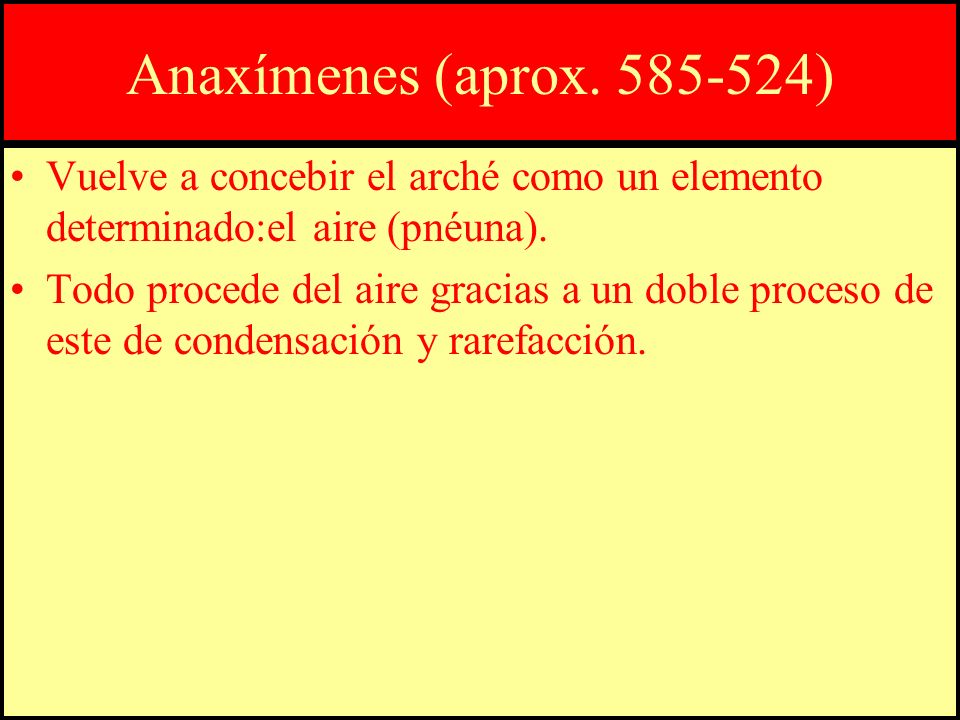 Anaxímenes (aprox ) Vuelve a concebir el arché como un elemento determinado:el aire (pnéuna).
