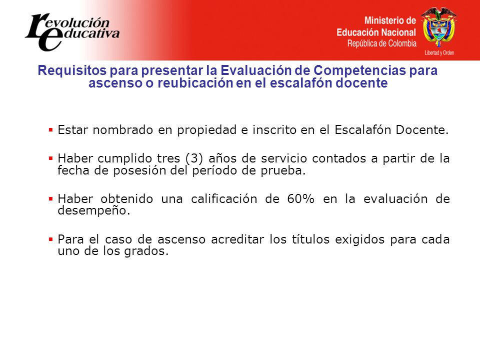 Requisitos para presentar la Evaluación de Competencias para ascenso o reubicación en el escalafón docente