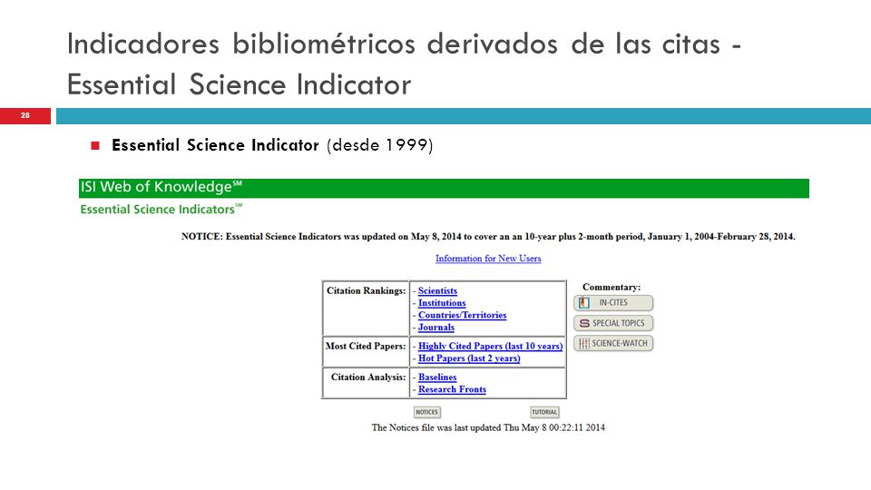Indicadores bibliométricos derivados de las citas - Essential Science Indicator