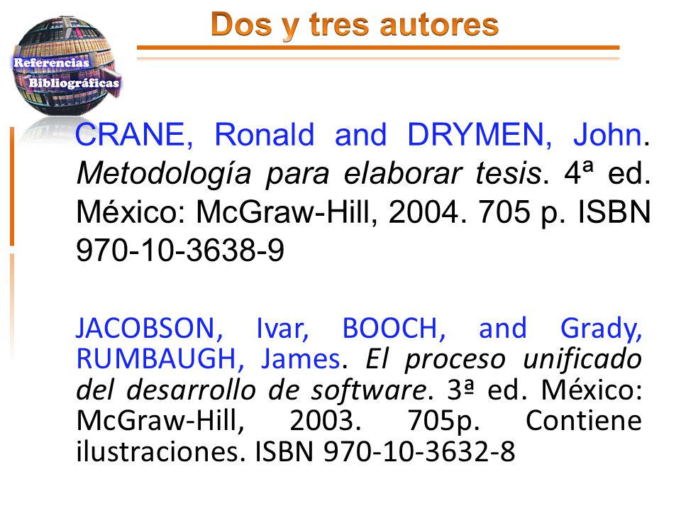 Dos y tres autores CRANE, Ronald and DRYMEN, John. Metodología para elaborar tesis. 4ª ed. México: McGraw-Hill, p. ISBN
