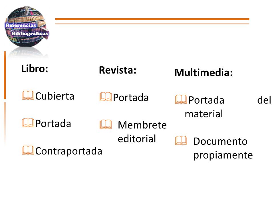 Libro: Cubierta. Portada. Contraportada. Revista: Portada. Membrete editorial. Multimedia: Portada del material.