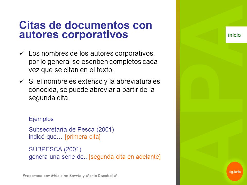 APA Citas de documentos con autores corporativos