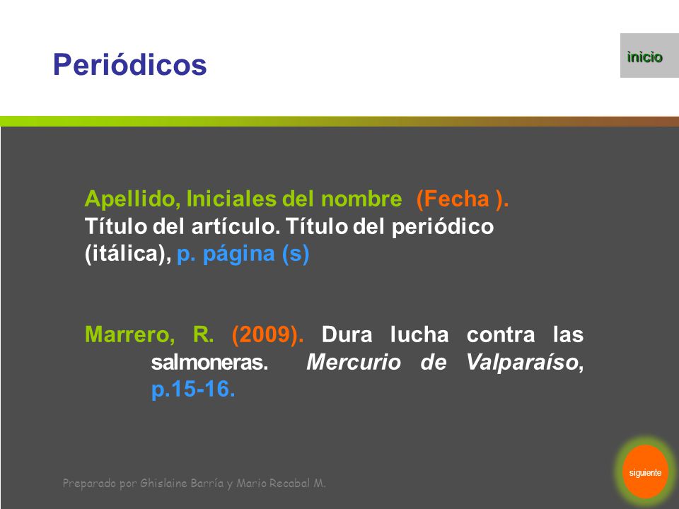 inicio Periódicos. Apellido, Iniciales del nombre (Fecha ). Título del artículo. Título del periódico (itálica), p. página (s)