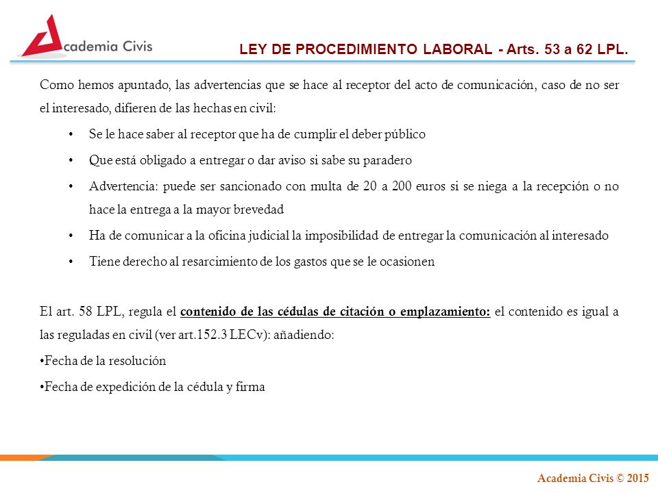 LEY DE PROCEDIMIENTO LABORAL - Arts. 53 a 62 LPL.