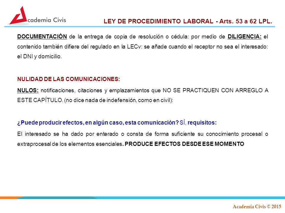 LEY DE PROCEDIMIENTO LABORAL - Arts. 53 a 62 LPL.