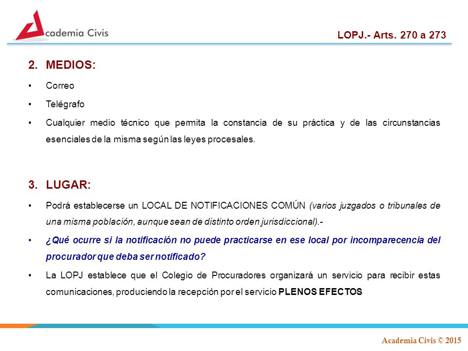MEDIOS: LUGAR: LOPJ.- Arts. 270 a 273 Correo Telégrafo