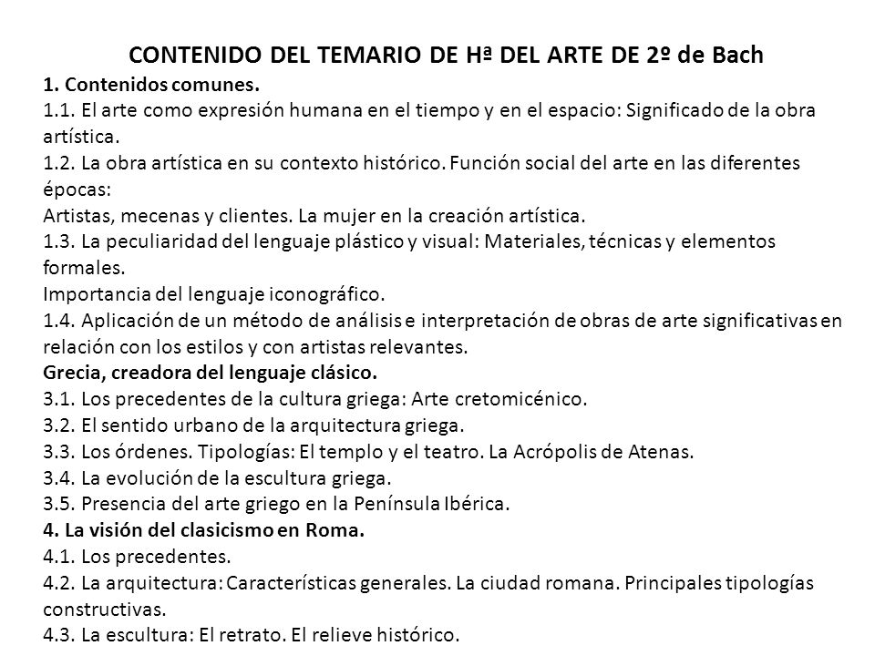 CONTENIDO DEL TEMARIO DE Hª DEL ARTE DE 2º de Bach
