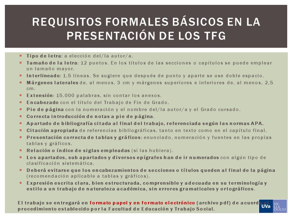 Requisitos formales básicos en la presentación de los TFG