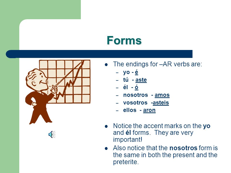 Forms The endings for –AR verbs are: