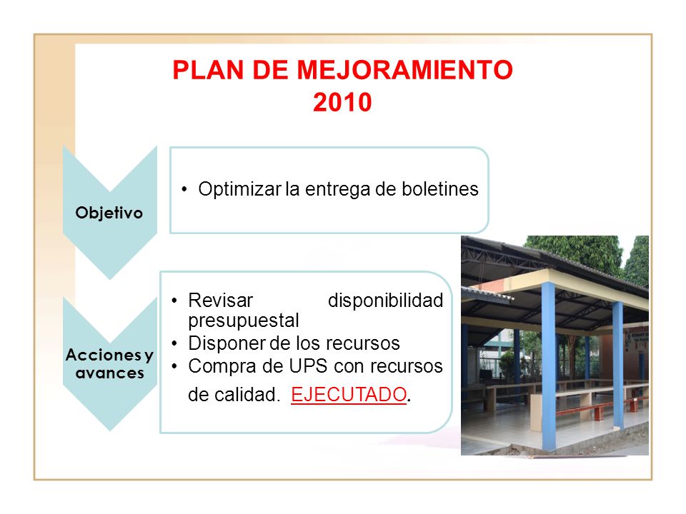 PLAN DE MEJORAMIENTO 2010 Optimizar la entrega de boletines