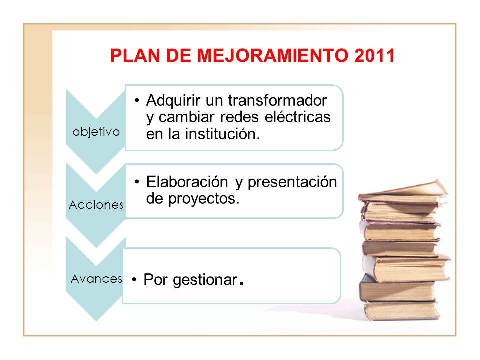 PLAN DE MEJORAMIENTO 2011 objetivo. Adquirir un transformador y cambiar redes eléctricas en la institución.