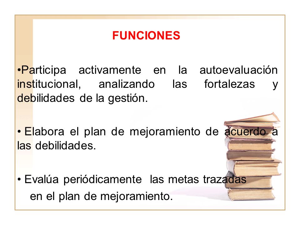 FUNCIONES Participa activamente en la autoevaluación institucional, analizando las fortalezas y debilidades de la gestión.