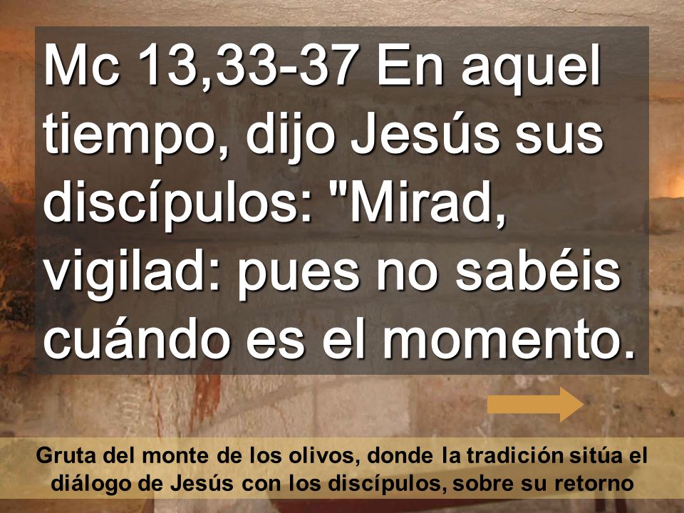Mc 13,33-37 En aquel tiempo, dijo Jesús sus discípulos: Mirad, vigilad: pues no sabéis cuándo es el momento.
