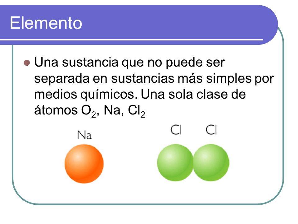 Elemento Una sustancia que no puede ser separada en sustancias más simples por medios químicos.