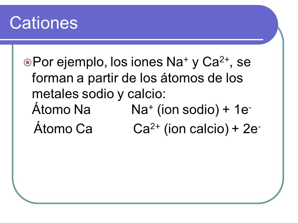 Cationes Por ejemplo, los iones Na+ y Ca2+, se forman a partir de los átomos de los metales sodio y calcio: Átomo Na Na+ (ion sodio) + 1e-