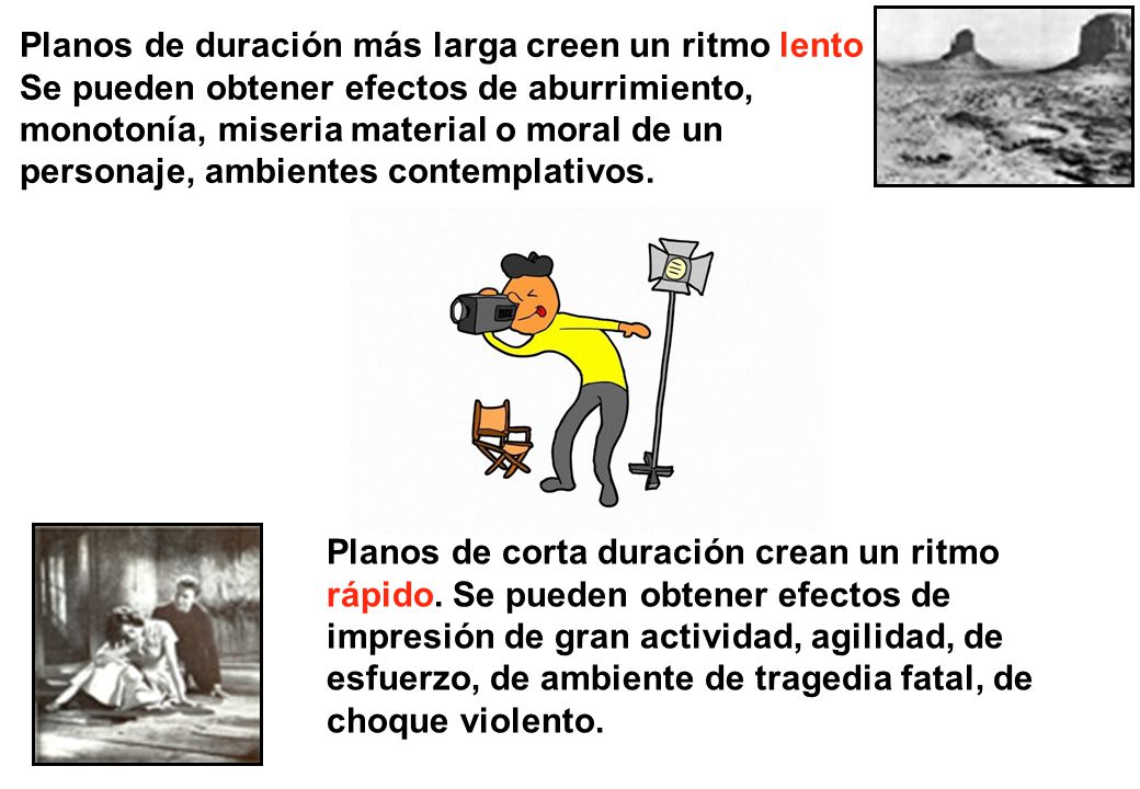 Planos de duración más larga creen un ritmo lento Se pueden obtener efectos de aburrimiento, monotonía, miseria material o moral de un personaje, ambientes contemplativos.