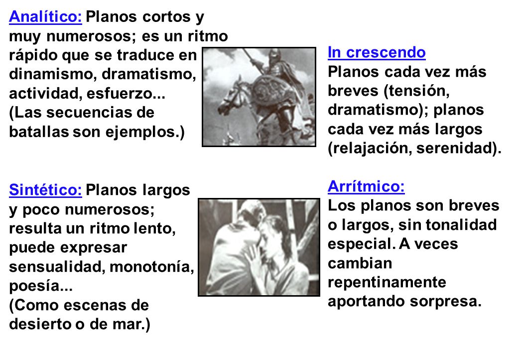 Analítico: Planos cortos y muy numerosos; es un ritmo rápido que se traduce en dinamismo, dramatismo, actividad, esfuerzo... (Las secuencias de batallas son ejemplos.)