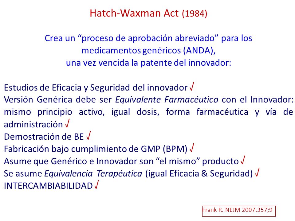 Hatch-Waxman Act (1984) Crea un proceso de aprobación abreviado para los. medicamentos genéricos (ANDA),