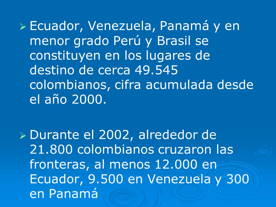 Ecuador, Venezuela, Panamá y en menor grado Perú y Brasil se constituyen en los lugares de destino de cerca colombianos, cifra acumulada desde el año 2000.