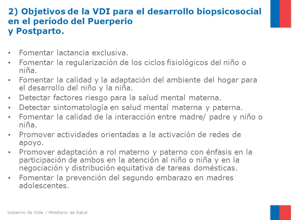 2) Objetivos de la VDI para el desarrollo biopsicosocial en el período del Puerperio y Postparto.