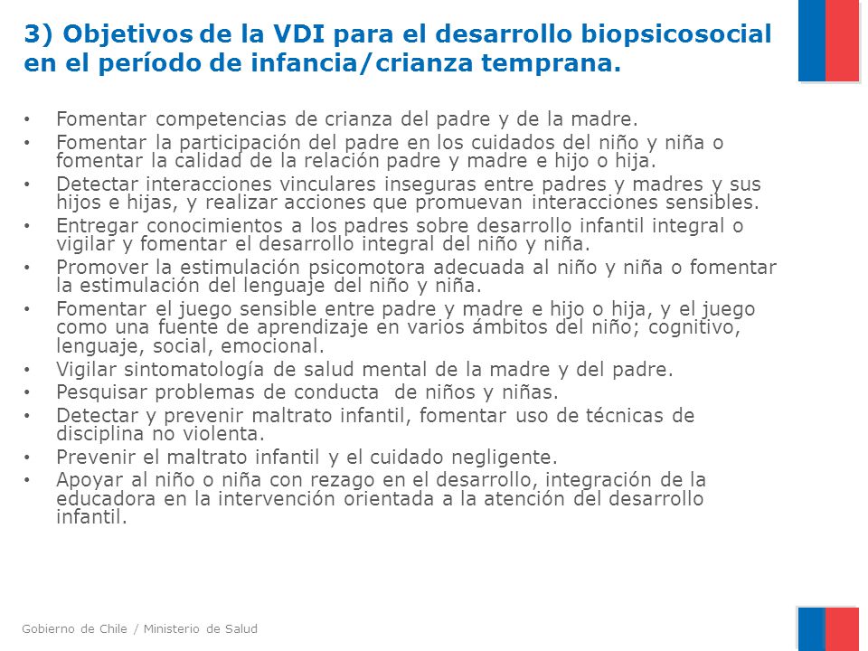 3) Objetivos de la VDI para el desarrollo biopsicosocial en el período de infancia/crianza temprana.