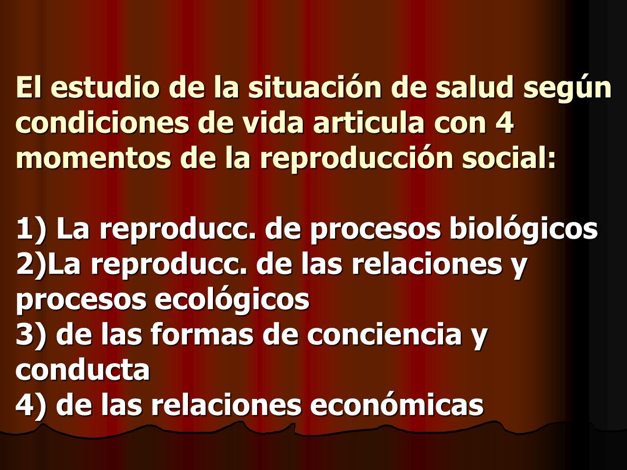 El estudio de la situación de salud según condiciones de vida articula con 4 momentos de la reproducción social: 1) La reproducc.
