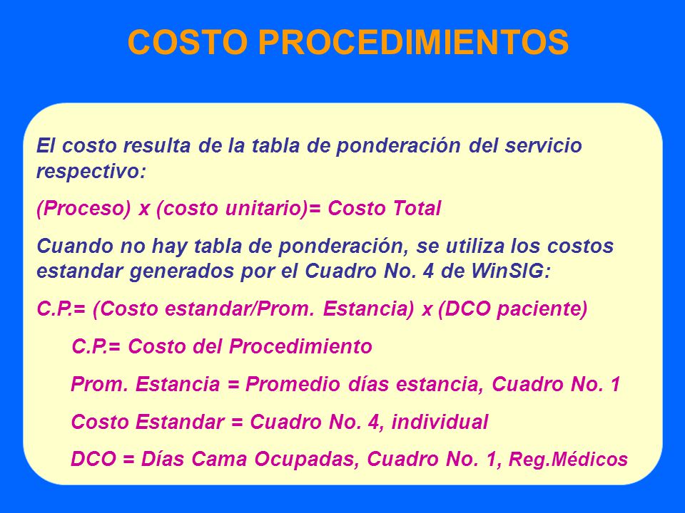 COSTO PROCEDIMIENTOS El costo resulta de la tabla de ponderación del servicio respectivo: (Proceso) x (costo unitario)= Costo Total.