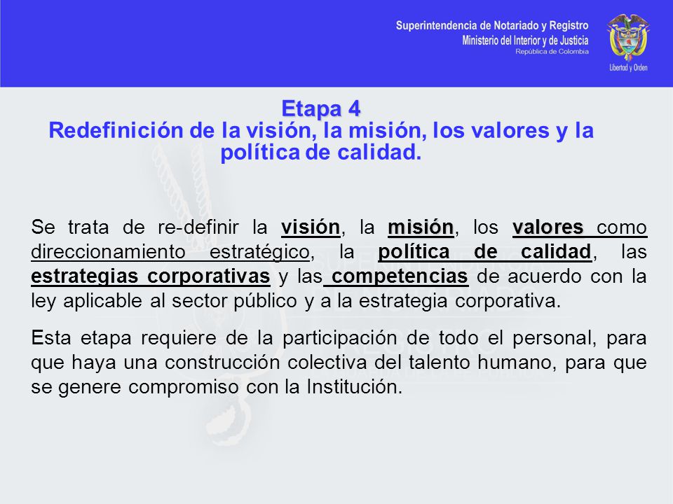 Etapa 4 Redefinición de la visión, la misión, los valores y la política de calidad.