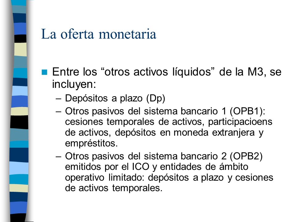 La oferta monetaria Entre los otros activos líquidos de la M3, se incluyen: Depósitos a plazo (Dp)