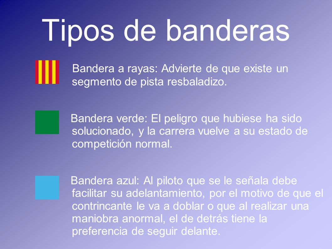 Tipos de banderas Bandera a rayas: Advierte de que existe un segmento de pista resbaladizo.