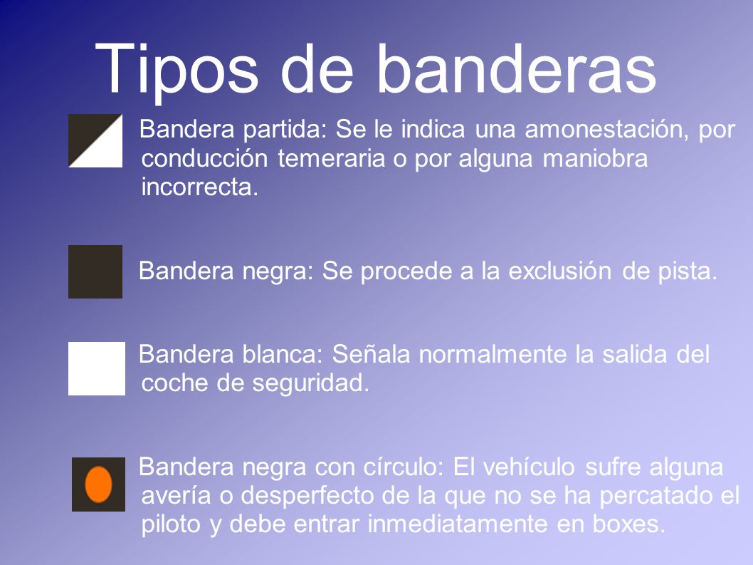 Tipos de banderas Bandera partida: Se le indica una amonestación, por conducción temeraria o por alguna maniobra incorrecta.
