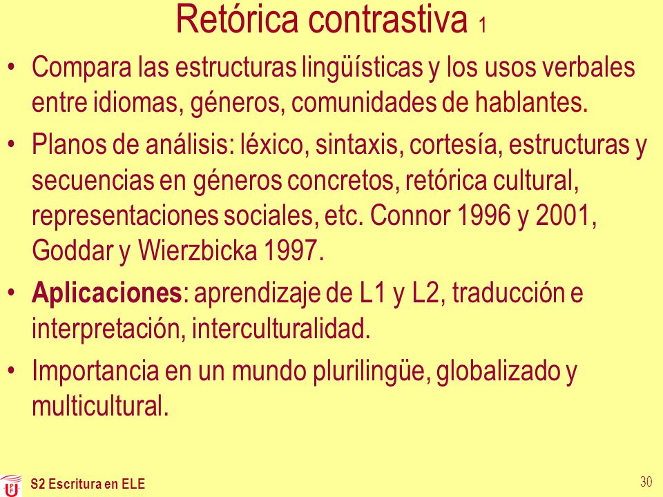 Retórica contrastiva 1 Compara las estructuras lingüísticas y los usos verbales entre idiomas, géneros, comunidades de hablantes.