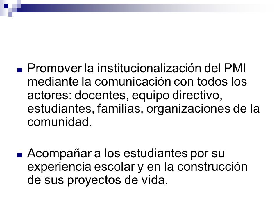 Promover la institucionalización del PMI mediante la comunicación con todos los actores: docentes, equipo directivo, estudiantes, familias, organizaciones de la comunidad.
