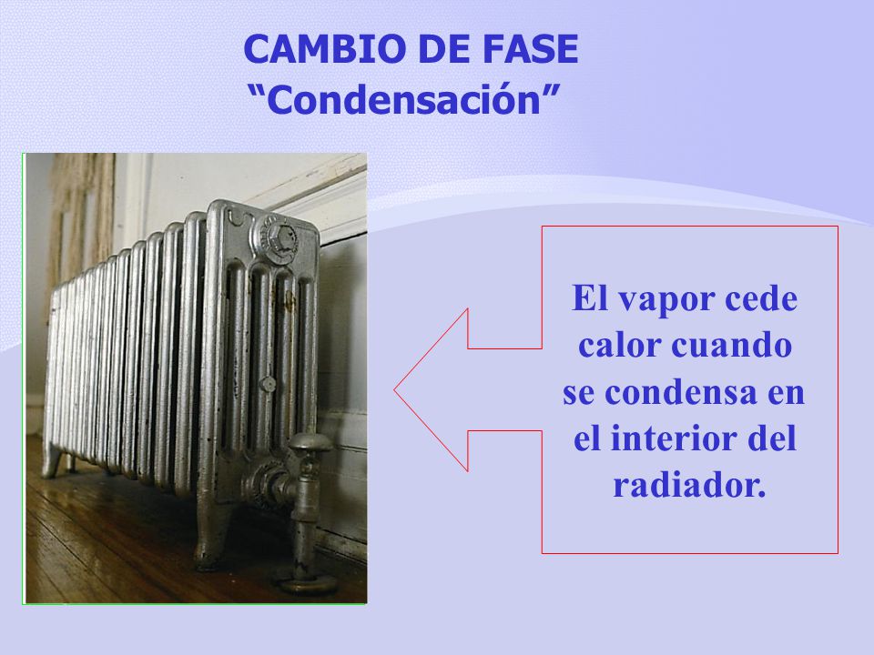 CAMBIO DE FASE Condensación El vapor cede calor cuando se condensa en el interior del radiador.