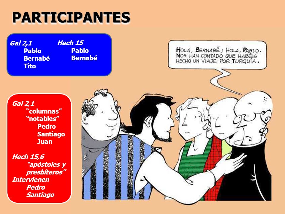 PARTICIPANTES Gal 2,1 Hech 15 Pablo Pablo Bernabé Bernabé Tito Gal 2,1