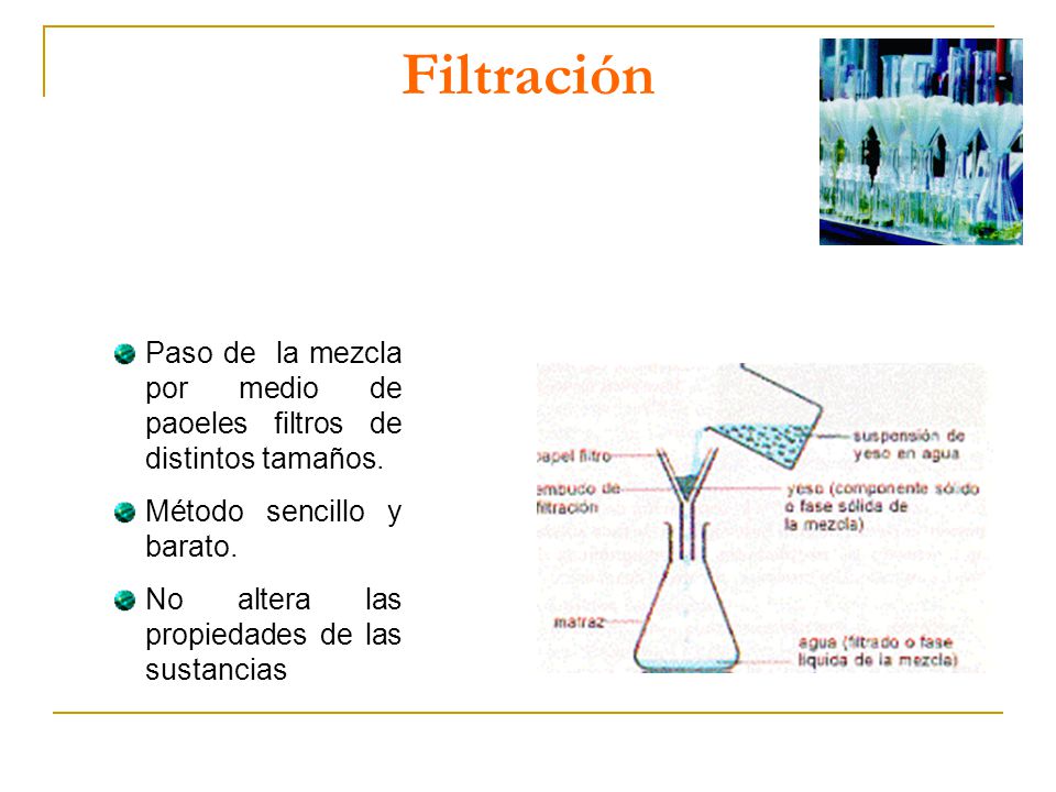 Filtración Paso de la mezcla por medio de paoeles filtros de distintos tamaños. Método sencillo y barato.