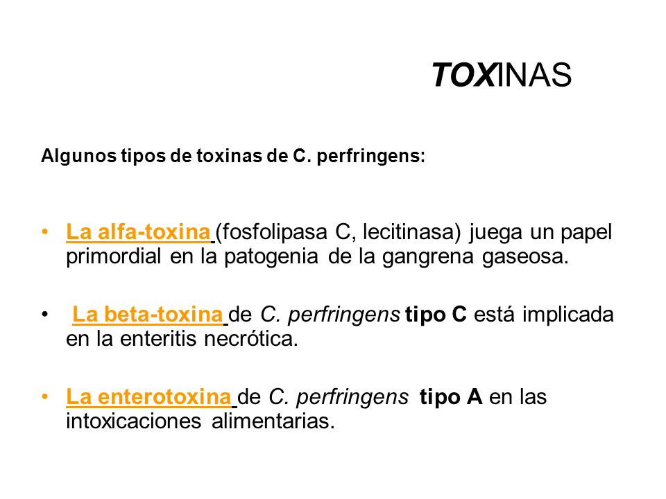 TOXINAS Algunos tipos de toxinas de C. perfringens: