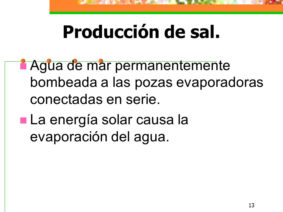 Producción de sal. Agua de mar permanentemente bombeada a las pozas evaporadoras conectadas en serie.