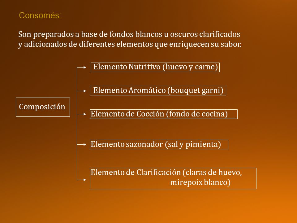 Consomés: Son preparados a base de fondos blancos u oscuros clarificados. y adicionados de diferentes elementos que enriquecen su sabor.