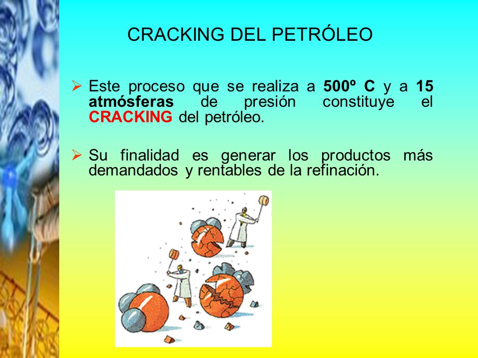 CRACKING DEL PETRÓLEO Este proceso que se realiza a 500º C y a 15 atmósferas de presión constituye el CRACKING del petróleo.