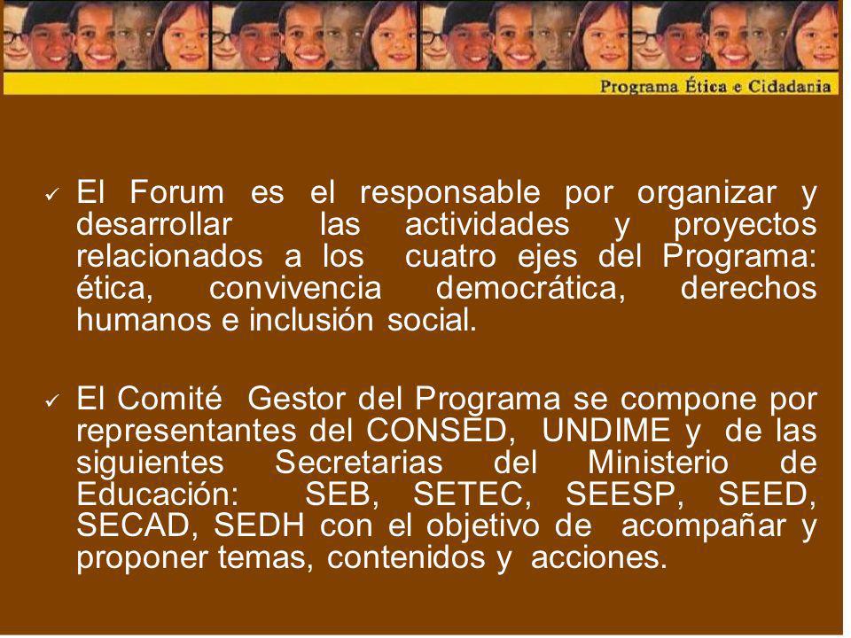 El Forum es el responsable por organizar y desarrollar las actividades y proyectos relacionados a los cuatro ejes del Programa: ética, convivencia democrática, derechos humanos e inclusión social.