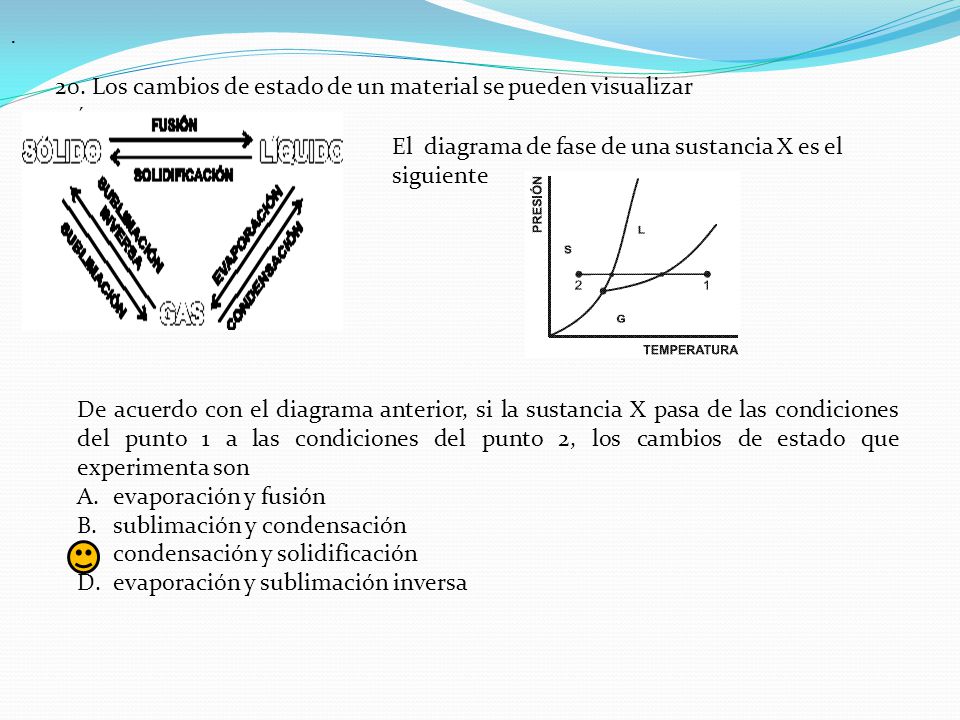 . 20. Los cambios de estado de un material se pueden visualizar así. El diagrama de fase de una sustancia X es el siguiente.