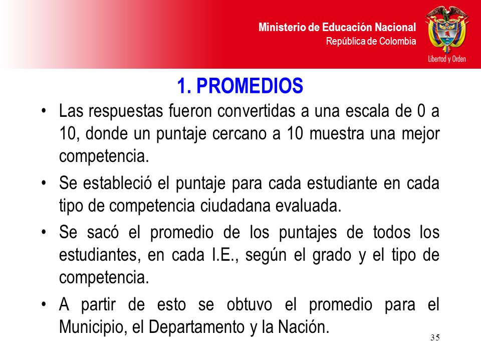1. PROMEDIOS Las respuestas fueron convertidas a una escala de 0 a 10, donde un puntaje cercano a 10 muestra una mejor competencia.