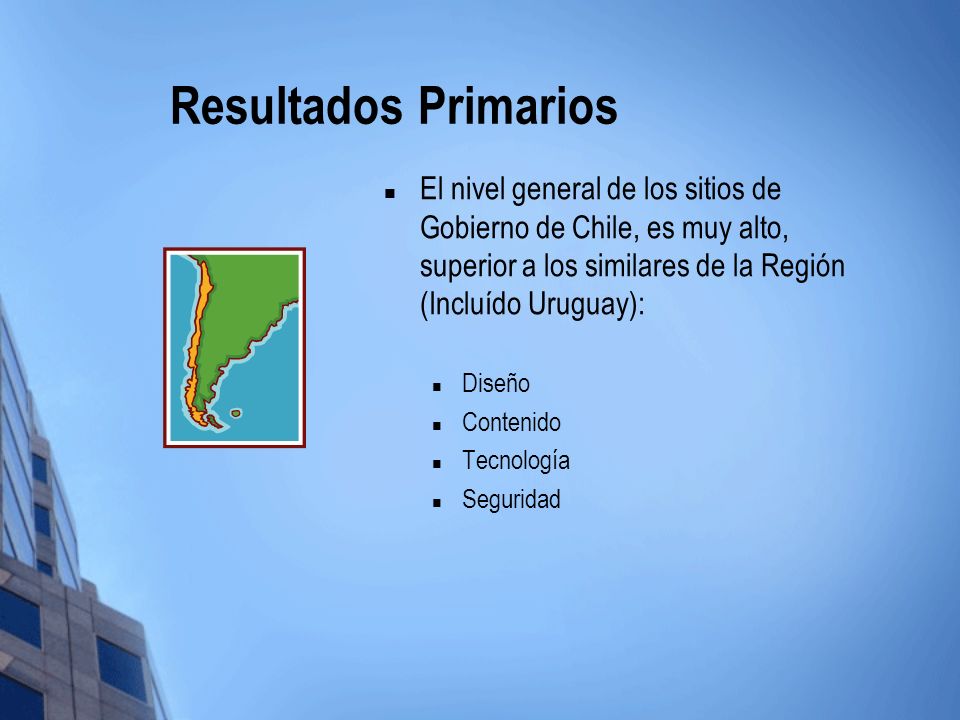 Resultados Primarios El nivel general de los sitios de Gobierno de Chile, es muy alto, superior a los similares de la Región (Incluído Uruguay):