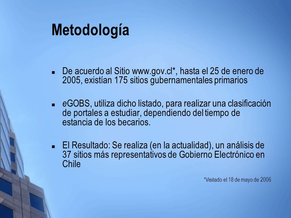 Metodología De acuerdo al Sitio   hasta el 25 de enero de 2005, existían 175 sitios gubernamentales primarios.