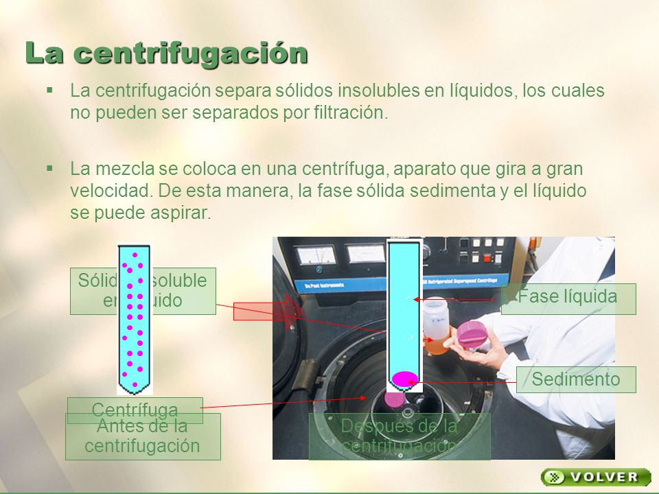 La centrifugación La centrifugación separa sólidos insolubles en líquidos, los cuales no pueden ser separados por filtración.
