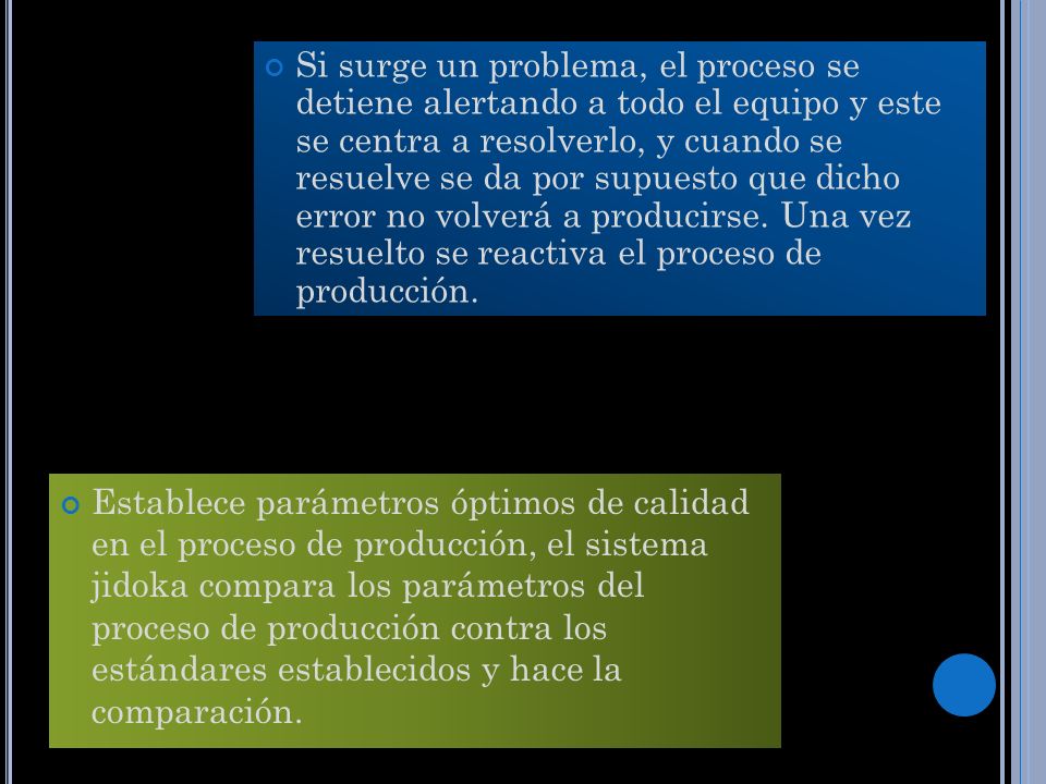 Si surge un problema, el proceso se detiene alertando a todo el equipo y este se centra a resolverlo, y cuando se resuelve se da por supuesto que dicho error no volverá a producirse. Una vez resuelto se reactiva el proceso de producción.