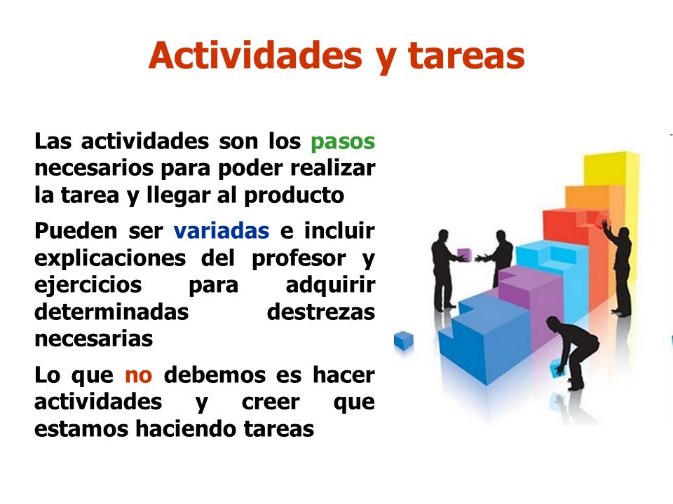 Actividades y tareas Las actividades son los pasos necesarios para poder realizar la tarea y llegar al producto.